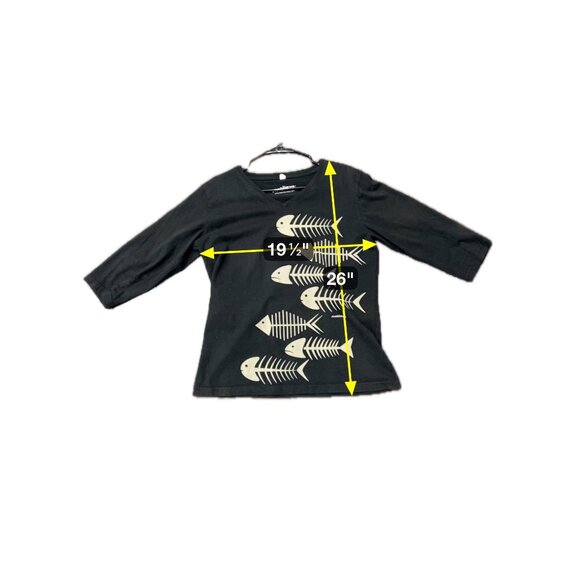 Marushka Fishbone Graphic Tee Black V-Neck 3/4 Sleeve Hand Painted Essentials - Picture 6 of 11